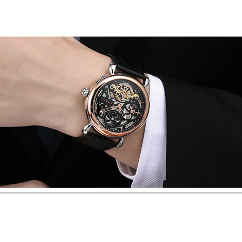 

AILANG Mechanical Watch Men Automatic Watch Mens Skeleton Wristwatch Fashion Genuine Leather Band Luminous Watch for Men Gift