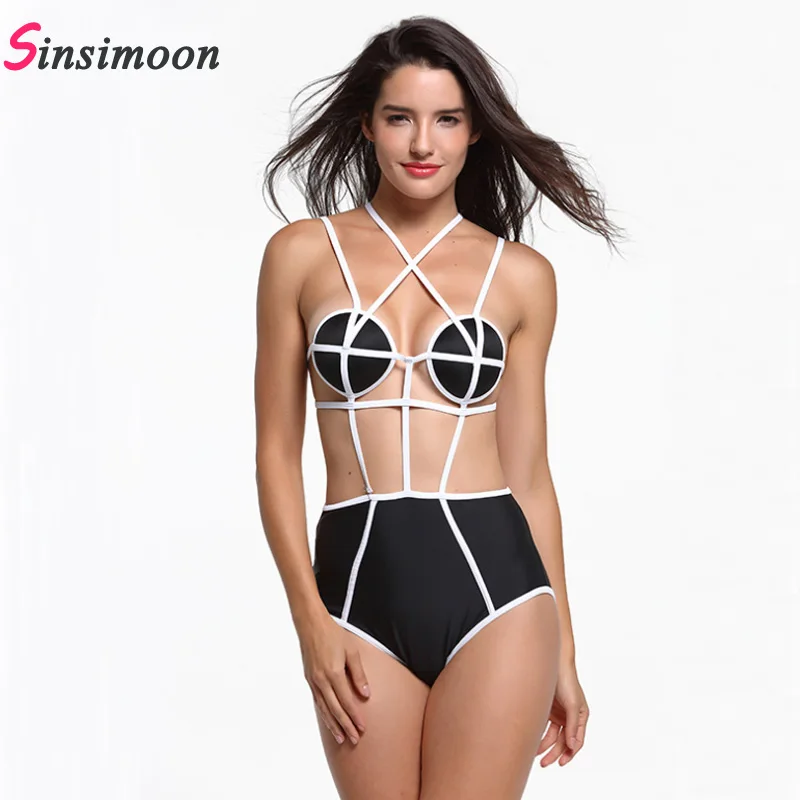 Женский спортивный лоскутный купальник черный белый купальный костюм с высокой