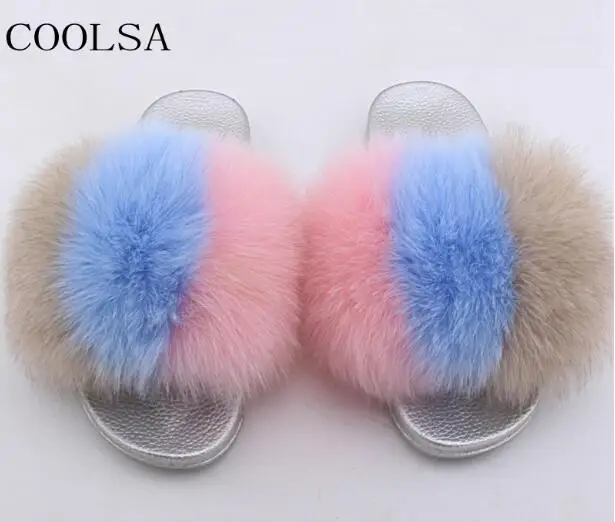 Gray blue COOLSA/женские зимние плюшевые тапочки на плоской подошве; теплые тапочки с лисьим мехом; женские пушистые тапочки; меховые шлепанцы; вьетнамки - Цвет: Gray blue