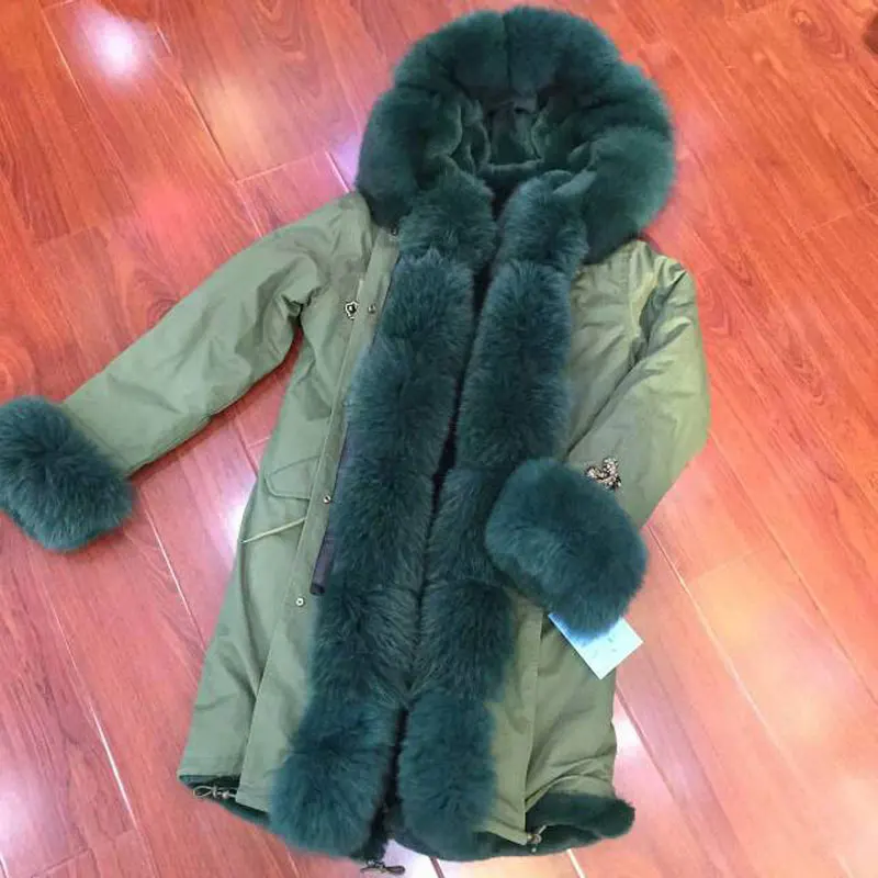 Army Green jacket Dark green fox fur hood &amp cuff with high quality lining faux coat | Женская одежда