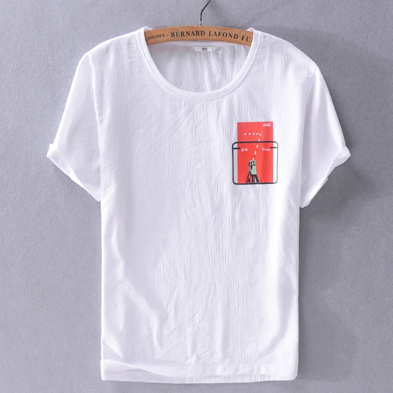 

Модная повседневная мужская футболка из смеси хлопка и льна с короткими рукавами, летняя свободная Пляжная футболка с круглым вырезом, мужс...