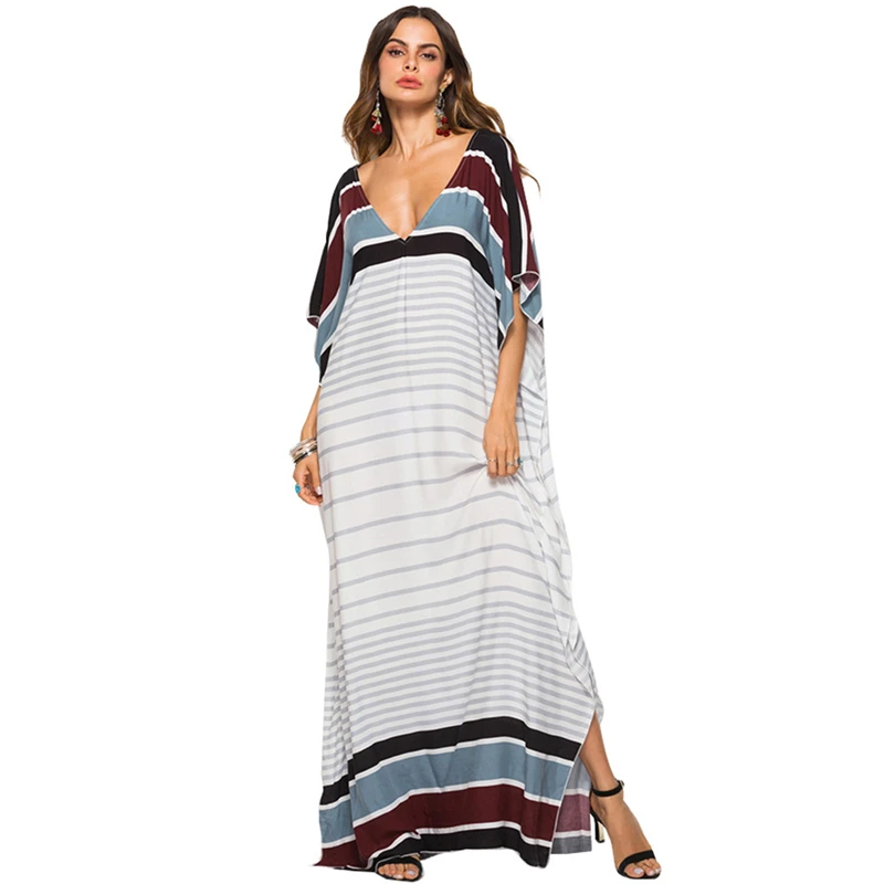 

Женское длинное платье в полоску, повседневное свободное платье большого размера с коротким рукавом и V-образным вырезом, весна-лето 2019