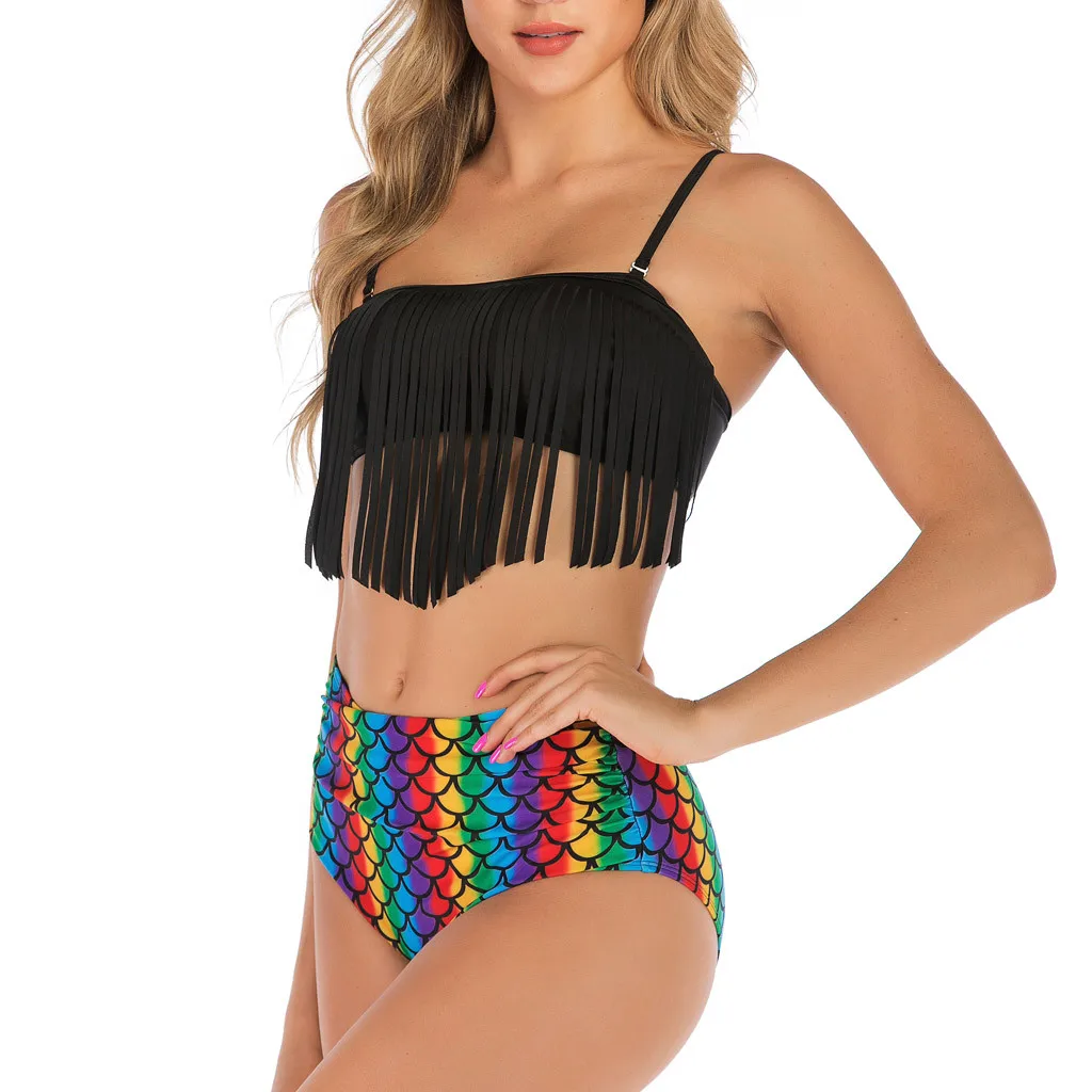 Летний сексуальный купальник с кисточками и принтом рыбьей чешуи женский