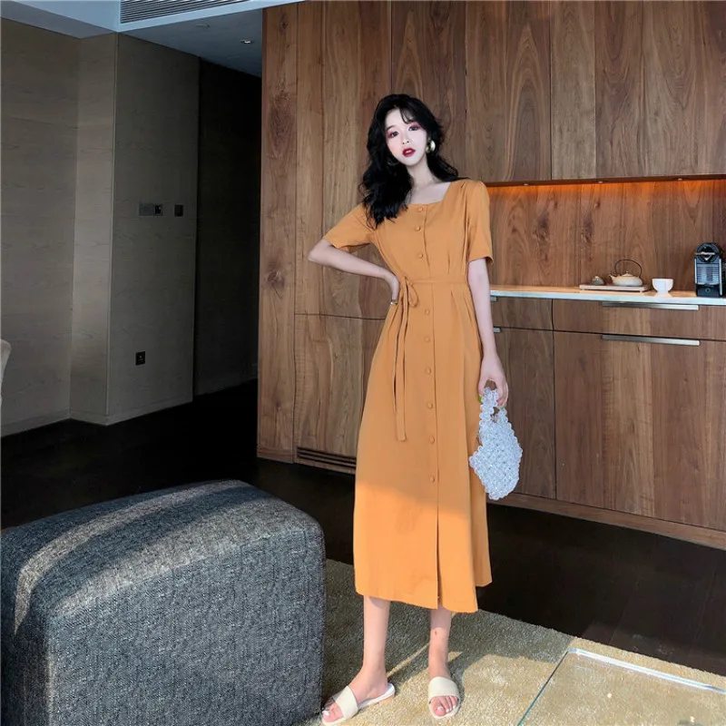 Women Summer Long Shirt Dress with Buttons Ladies Slim Waist a Line Elegant Vestidos Belt Casual Green Robe Femme Sukienki | Женская
