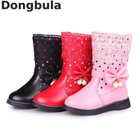 girl winter high boots fashion dress shoes with fur kids snow boots girls bow tie lace pearl fashion boots children warm boots