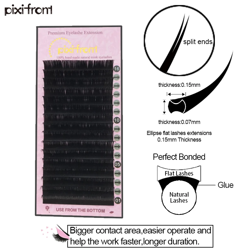 PIXIFRONT 16Rows Ellipse Flat False Eyelash Extensions Soft Roots Split Tips individual false mink lashes | Красота и здоровье