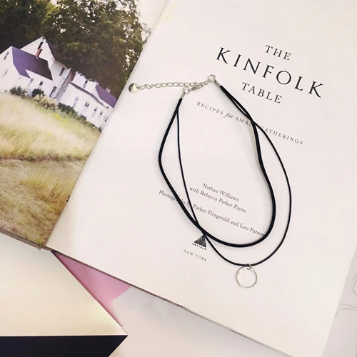 Женский двойной кожаный чокер с цепочкой ожерелье геометрические кулоны