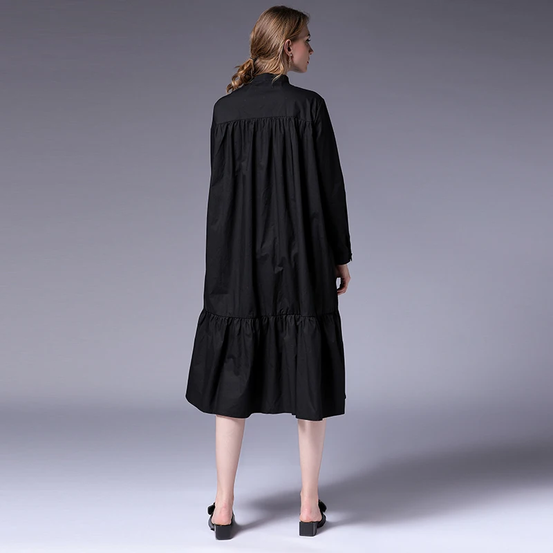 

Queechalle L - 4XL Plus Size Shirt Dress for Women Fashion Ruffles Hem A-line Dress Female O neck Long Sleeve Loose Dresses