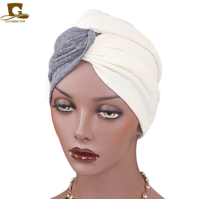 

New double color Twist Pleated Hair Wrap Stretch Turban chemo cap Cancer Hat Hairband Head band Wedding patchwork bandanas