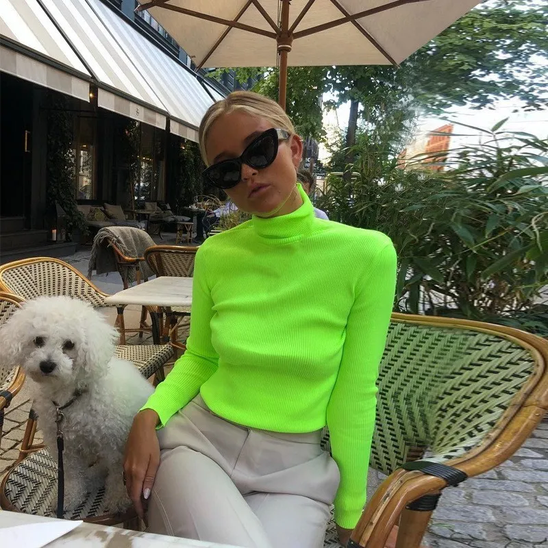 New Arrival Female Turtleneck Thin Sweater Casual Fluorescent Green Knitted Pullover Autumn Winter Long Sleeve Slim Knitwear | Женская