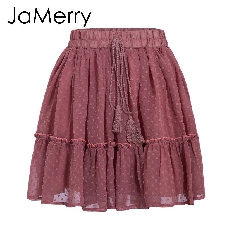 Фуксия JaMerry, Boho, с принтом, мини, короткая, для женщин, юбка с высокой талией, в горошек, с кисточками, трапециевидная, летняя, праздничная, юбка, сексуальные, с оборками, пляжные юбки - Цвет: Фуксия