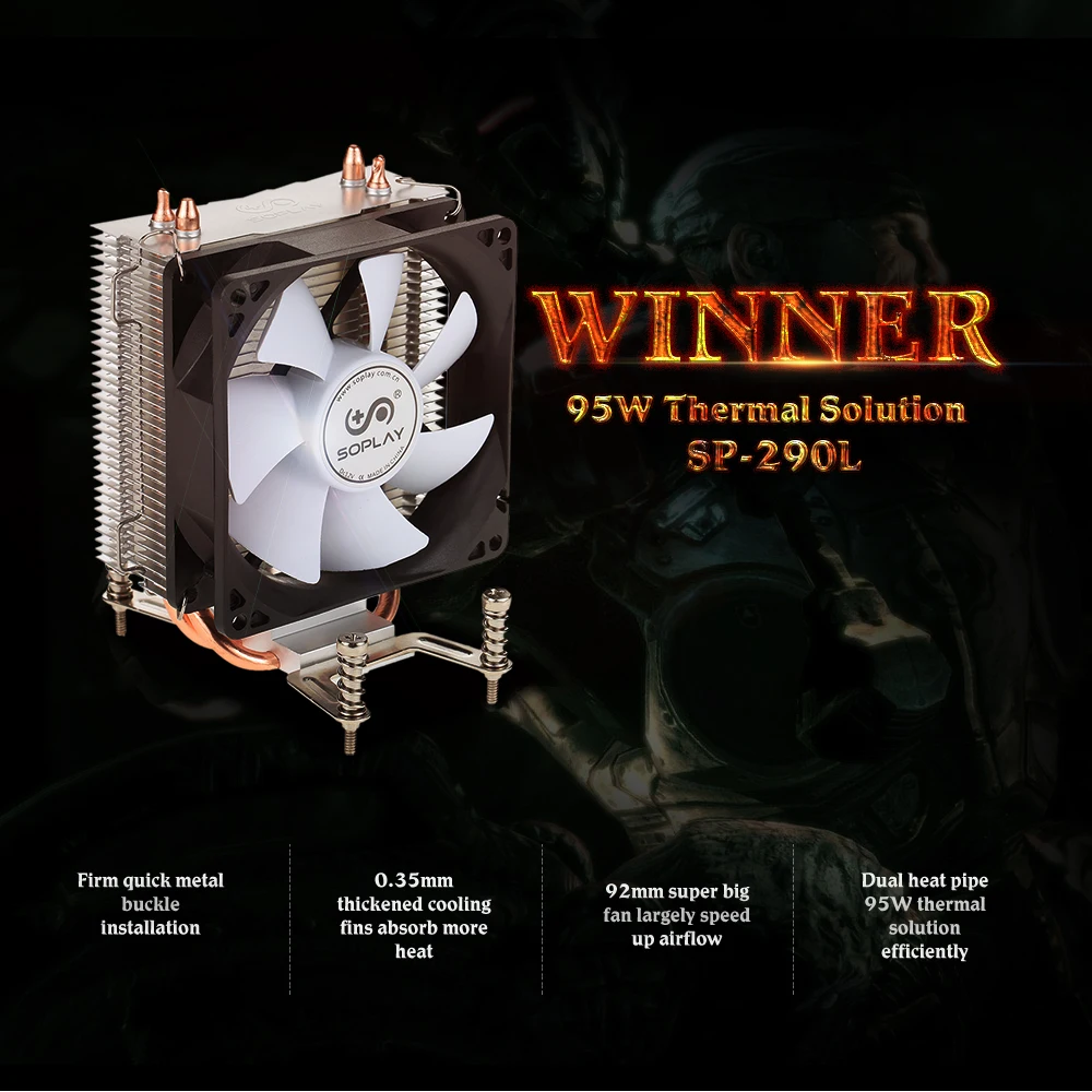 SOPLAY для Intel AMD CPU Cooler 2 тепловые трубки 3pin 9 см вентилятор ПК настольный компьютер