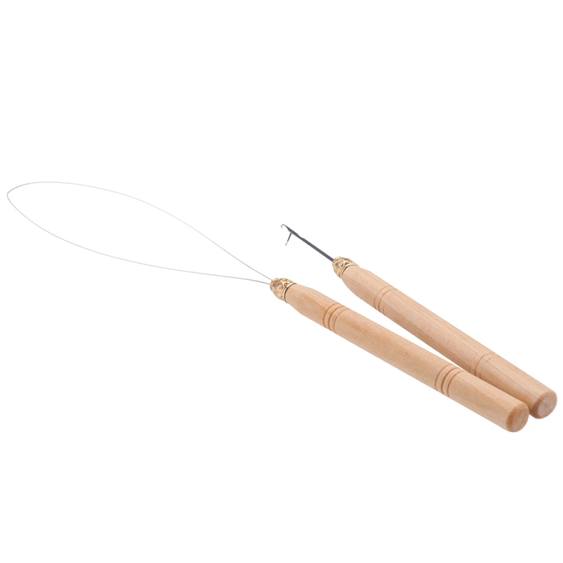 New 2Pcs Hair Extension Hook Pulling Tool Needle Threader Micro Rings Link Beads Loop Wooden Handle With Iron Wire Wholesale | Шиньоны и