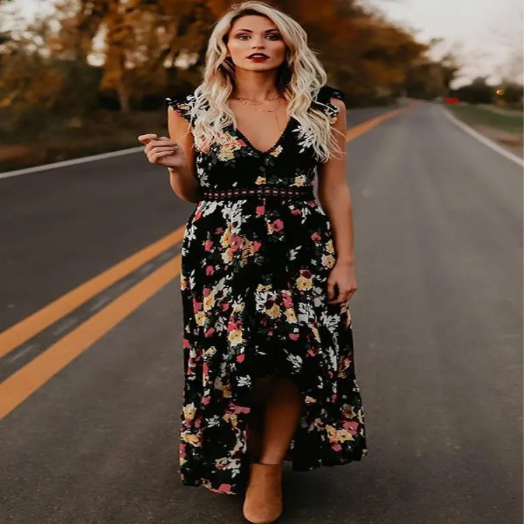 Женское винтажное платье-макси с цветочным принтом и глубоким V-образным вырезом