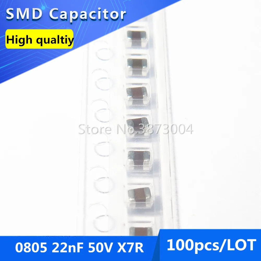 

100pcs 0805 22nF 0.022uF 50V X7R 10% Thick Film Chip Multilayer Ceramic Capacitor
