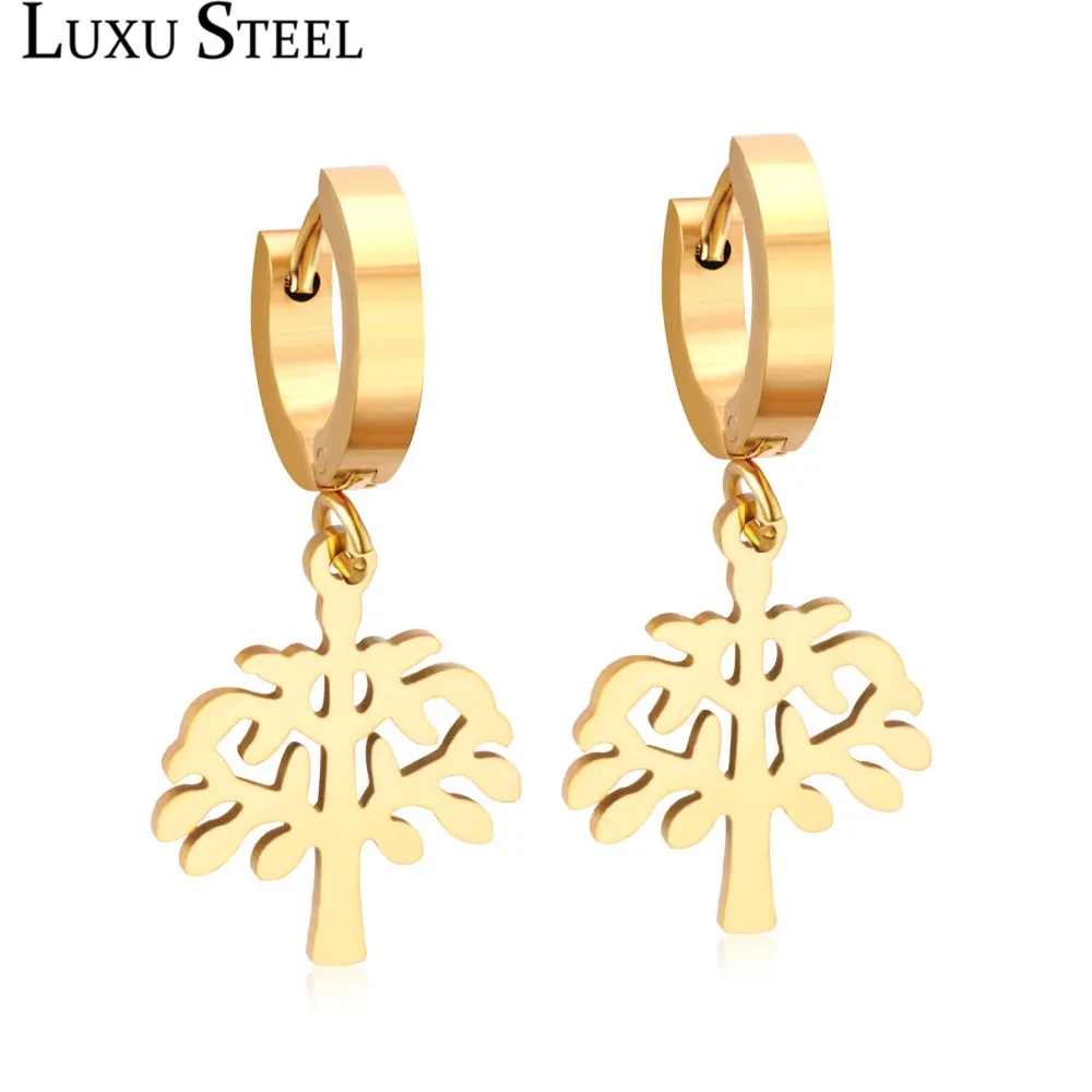 Женские серьги кольца LUXUSTEEL из нержавеющей стали с подвеской в виде дерева