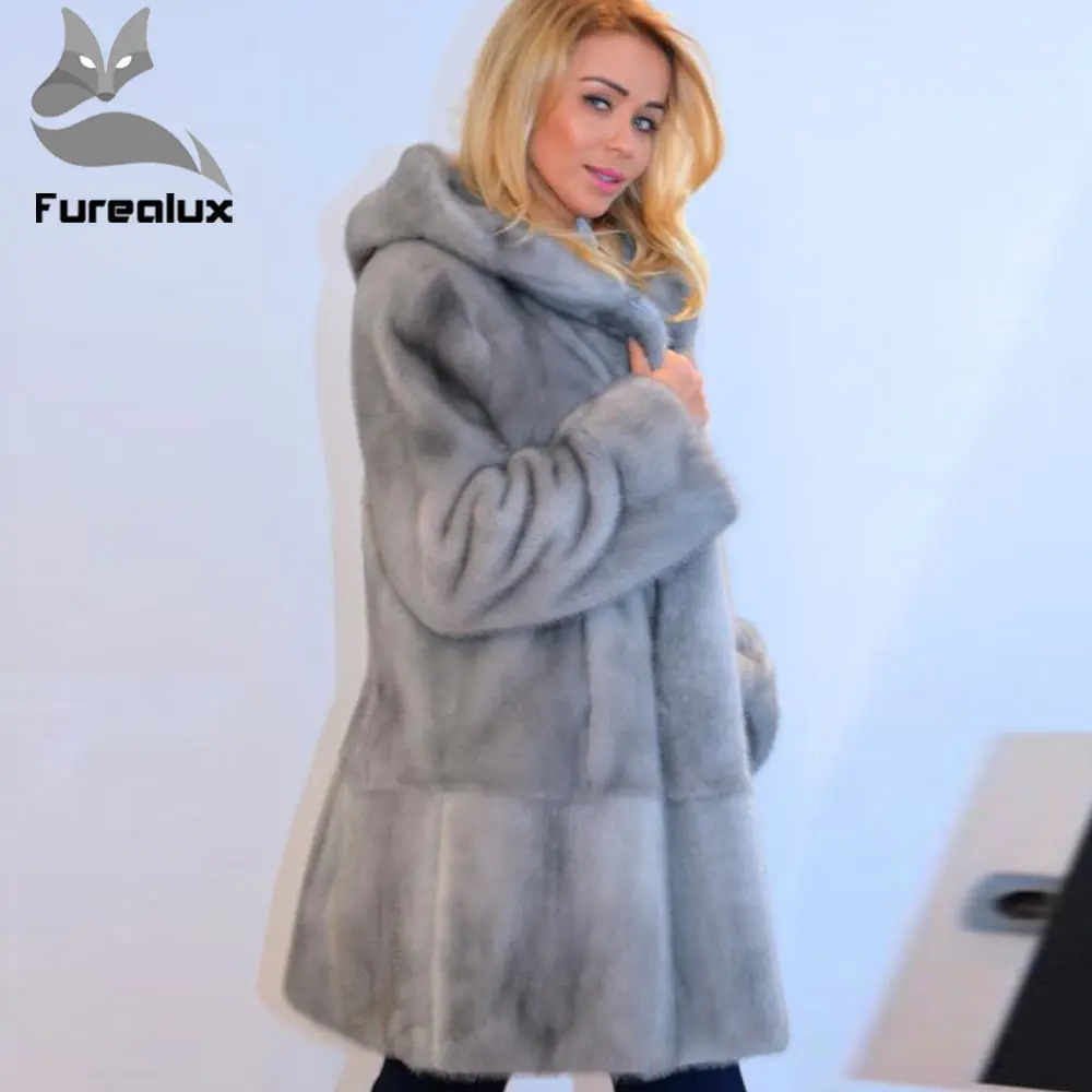 Furealux настоящие норковые шубы женские Роскошные Натуральный Полный Пелт с Капор из норки меховая куртка норковая акция
