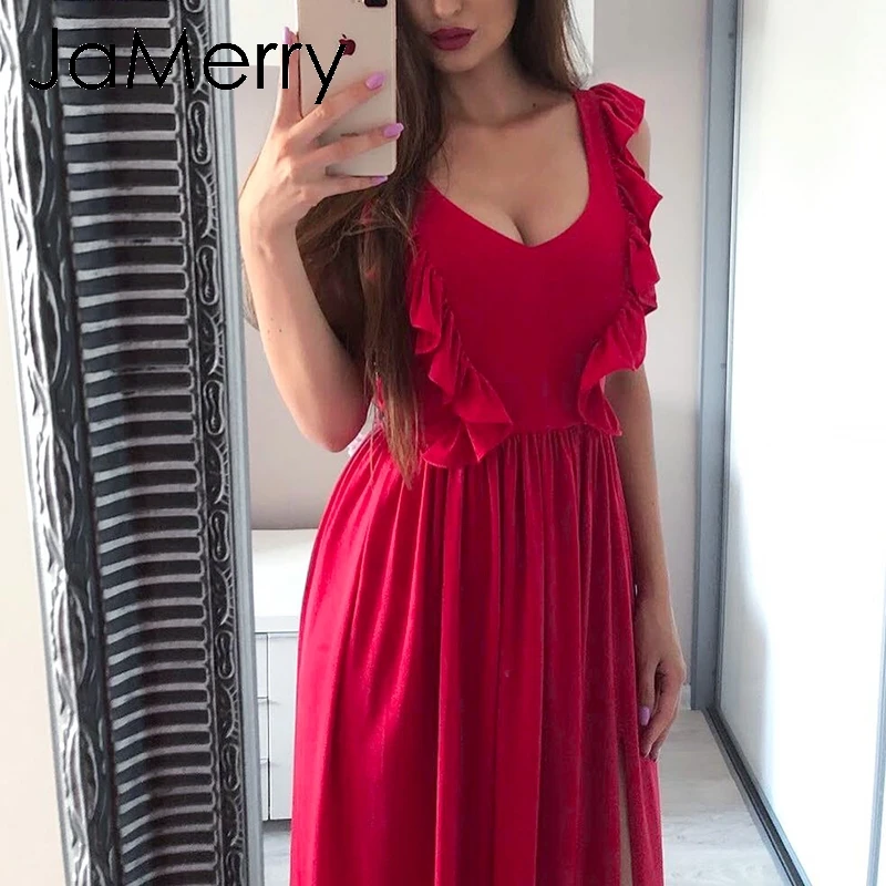 JaMerry 2019 красное Сексуальное Красное Длинное Макси платье для женщин с оборками