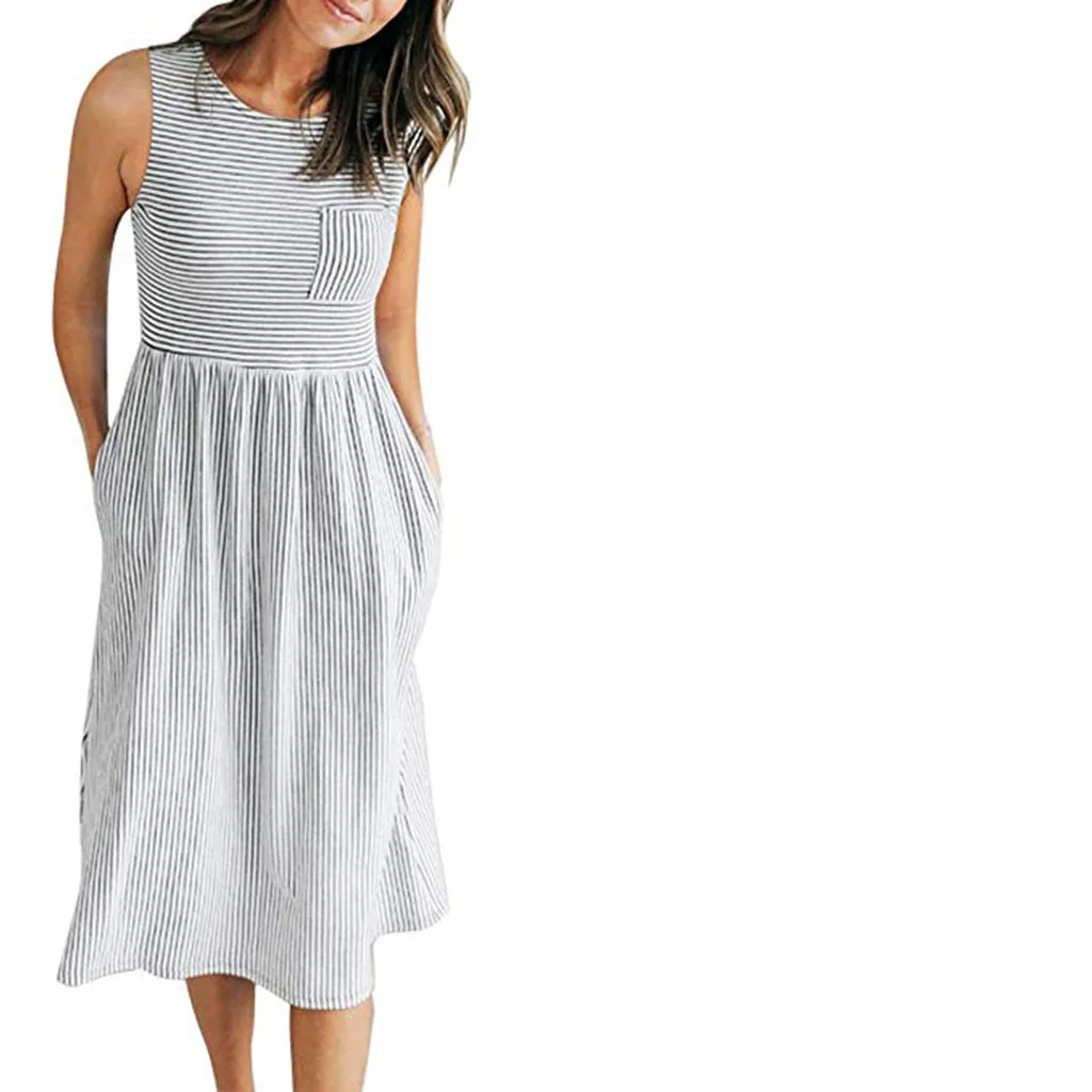 FREE OSTRICH Women Dress Sleeveless Waist Boho Stripe Loose Pockets Casual Cute Refined Noble Trend Summer short | Женская одежда