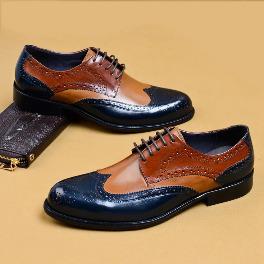 

Vintage Genuine Leather Formal Dress Wingtip Brogues Shoes Round Toe Derby Men's Handcrafted Mixed Color Oxfords For Male AS131