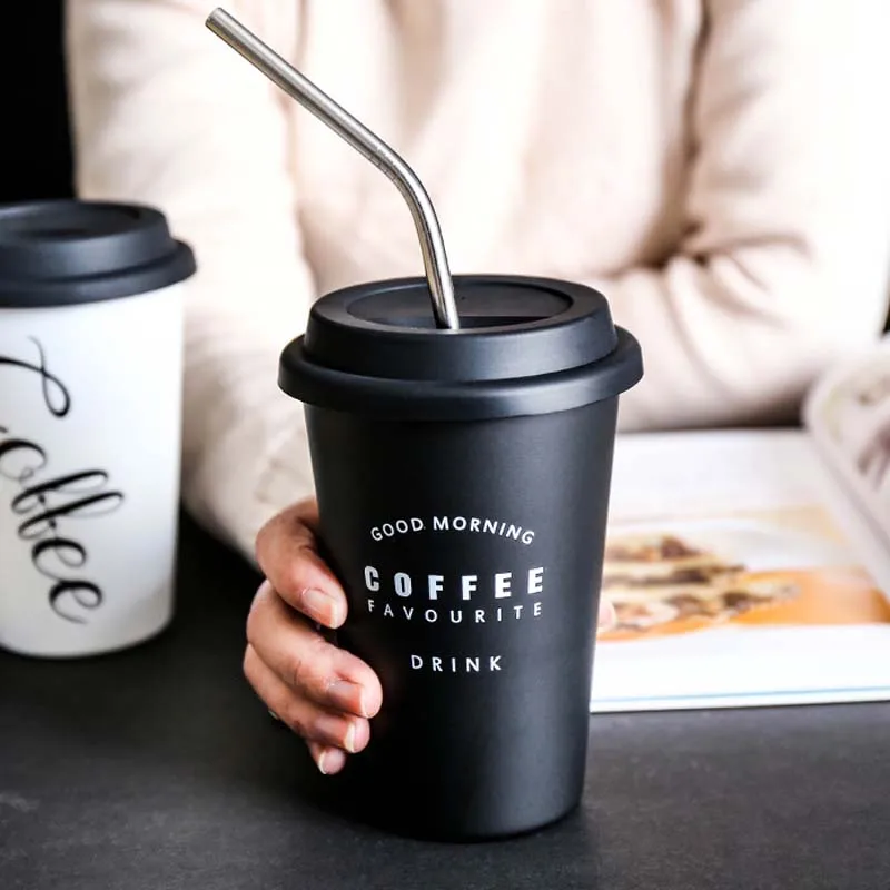 Чашки из нержавеющей стали с крышками и соломинками 420 мл металлические кружки