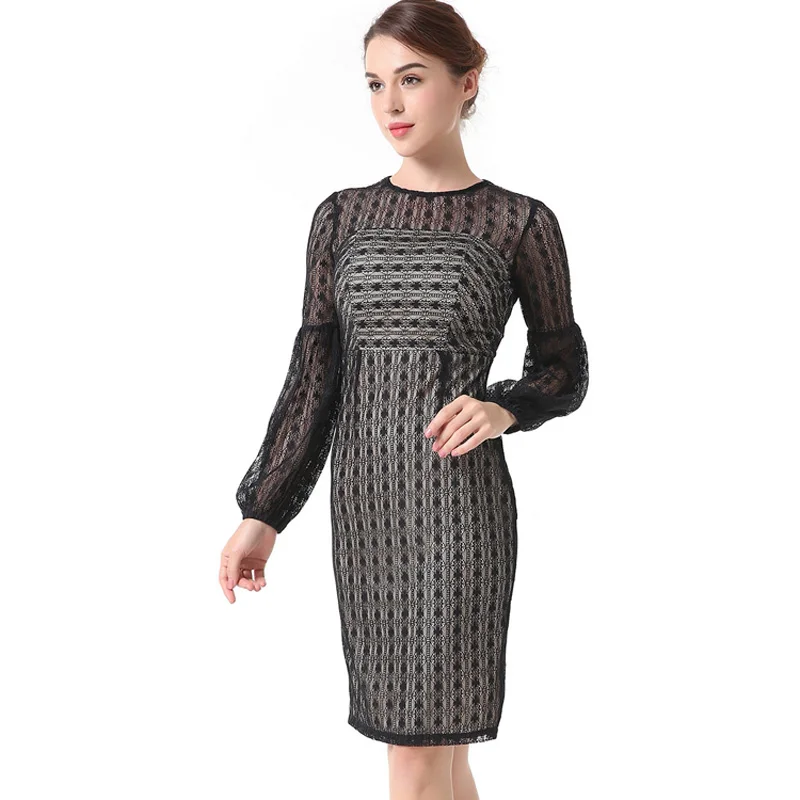 

Spring Office Lady Dress Lace Patchwork Lantern Sleeve Small Sexy Open Back Hollow Out Pencil Dress Elegant Party Dresses