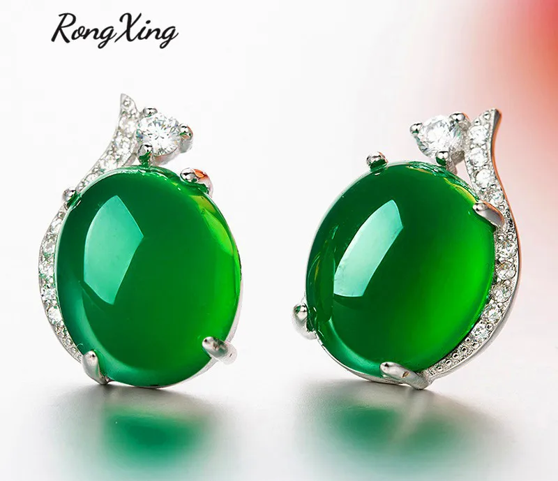 RongXing новые круглые серьги-гвоздики серебряного цвета с зеленым камнем для женщин