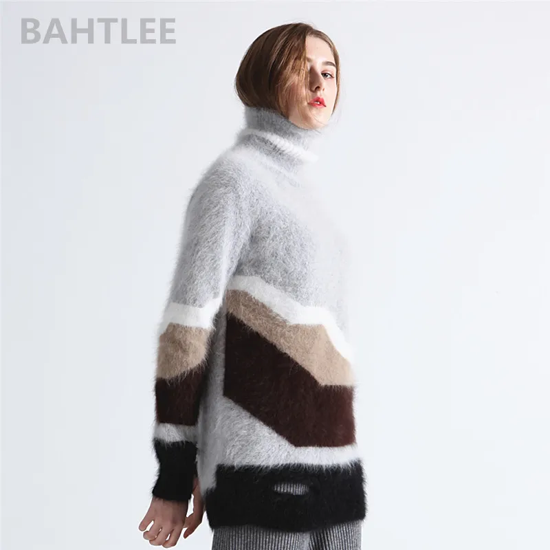 BAHTLEE Winter Women's Angora Turtleneck Knitted Pullovers Wool Jumper Sweater Hole Design Long Sleeves Keep Warm Looser | Женская
