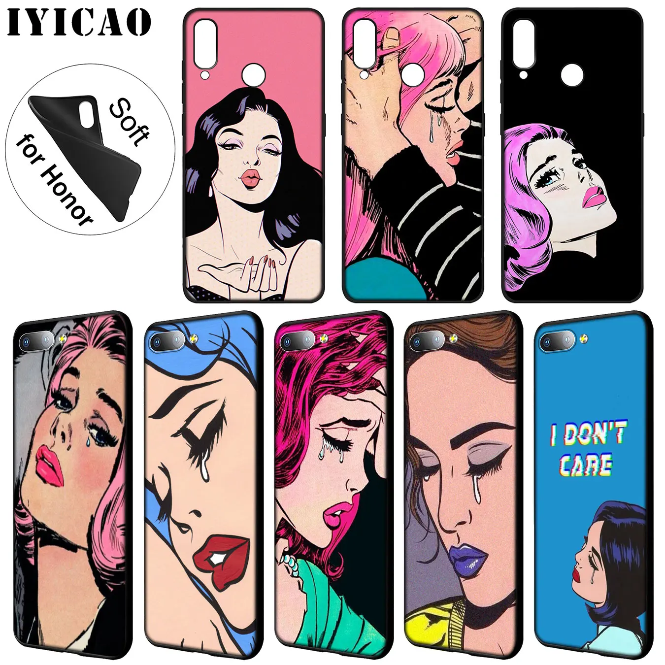 IYICAO Vintage Pop Art Crying Girl Sad Soft Case for Huawei Y9 Y7 Y6 Prime 2019 Honor 20 8C 8X 8 9 9X 10 Lite 7C 7X 7A Pro |