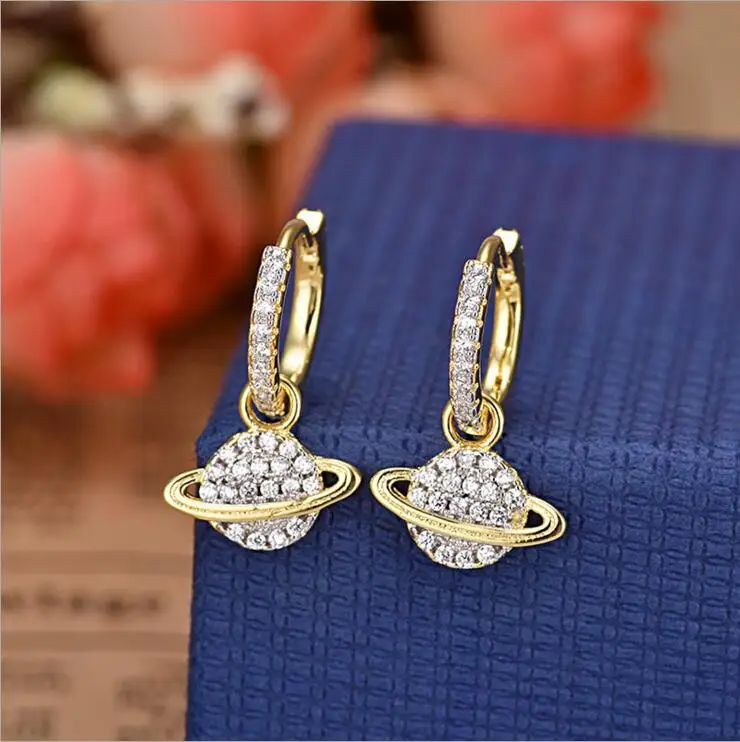 yellow gold color cute Saturn dangle long earring for girl women 2018 new round circle elegant charming fashion jewelry design | Украшения