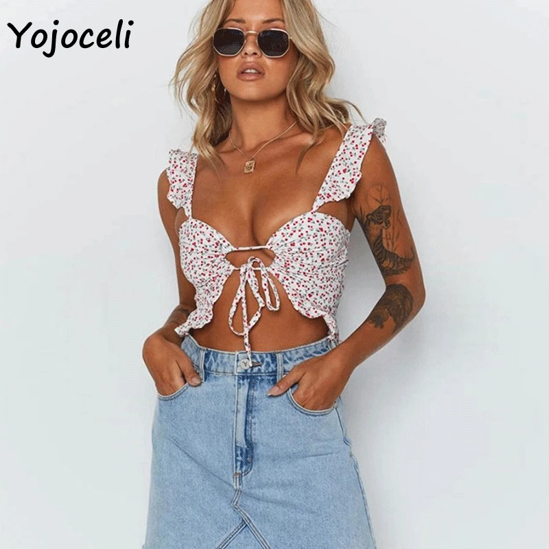 Yojoceli Симпатичные boho летние топы с принтом 2019 женские короткие рюшами рубашка |