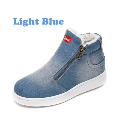 Light Blue Зимняя женская обувь; зимние ботинки из джинсовой ткани; Теплая Флисовая Классическая обувь на плоской подошве с высоким берцем и круглым носком; кроссовки; Zapatos De Mujer - Цвет: Light Blue
