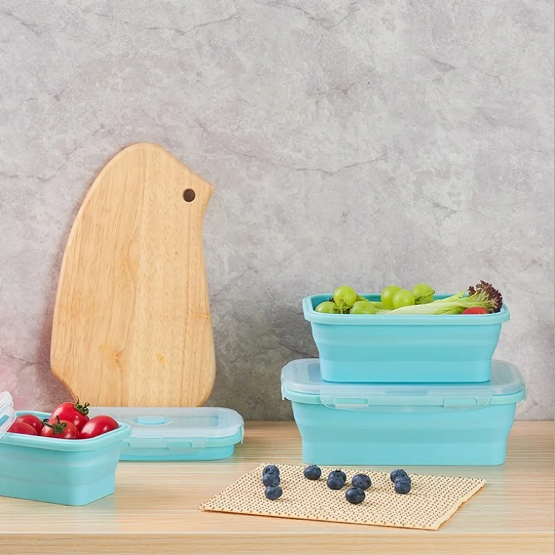 Силиконовый складной Ланч-бокс, контейнер для хранения еды, Bento BPA Free, Microwavable, портативный, для пикника, кемпинга, прямоугольная, открытая коробка