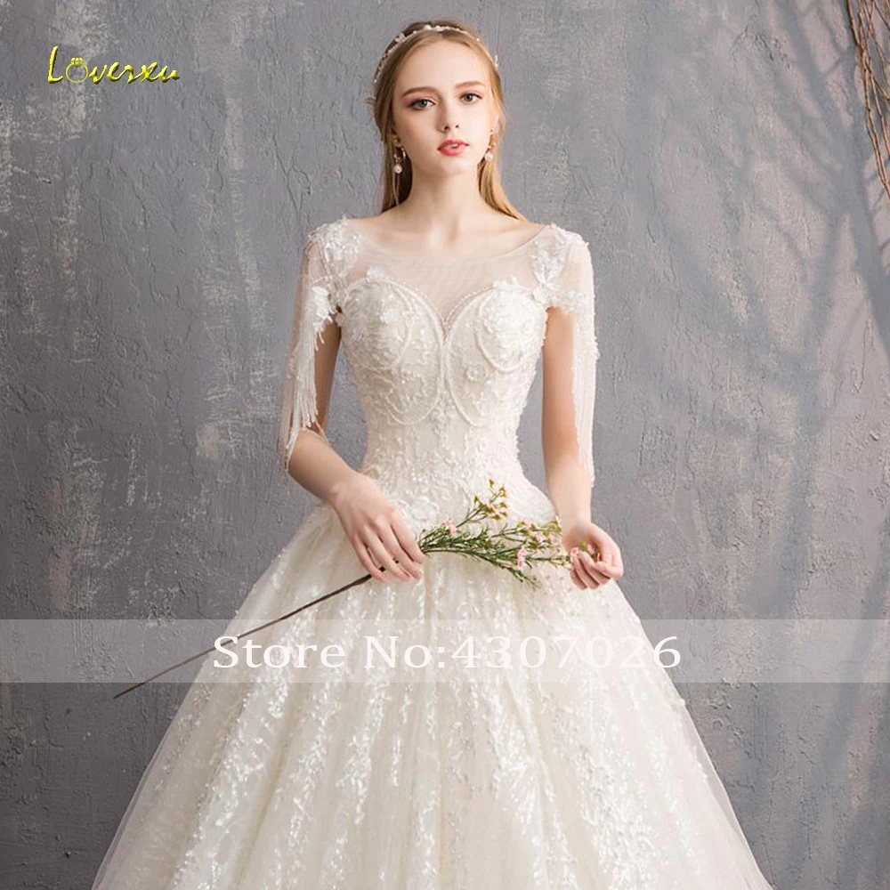 Loverxu Luxury O-Neck Ball Gown Wedding Dress 2019 Applique Beading Tassel Half Sleeve Bridal Sweep Train Lace | Свадьбы и торжества