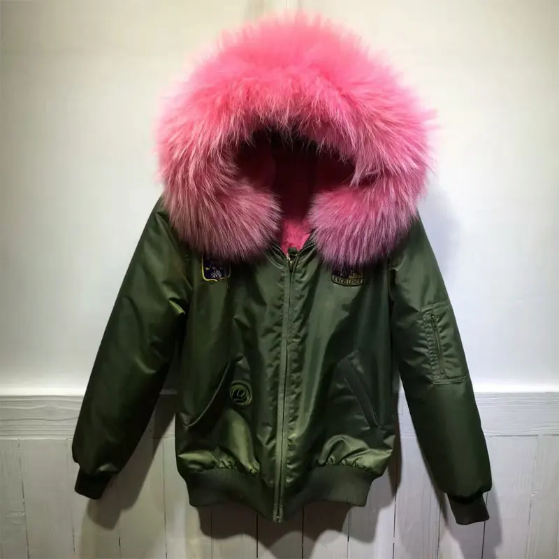 Goedkoop Mode Waterdichte Shell Vrouwen Winter Bomber Bont Jas Wasbeer Hooded Roze Bont Fly Licht Jas Nieuwe Collectie