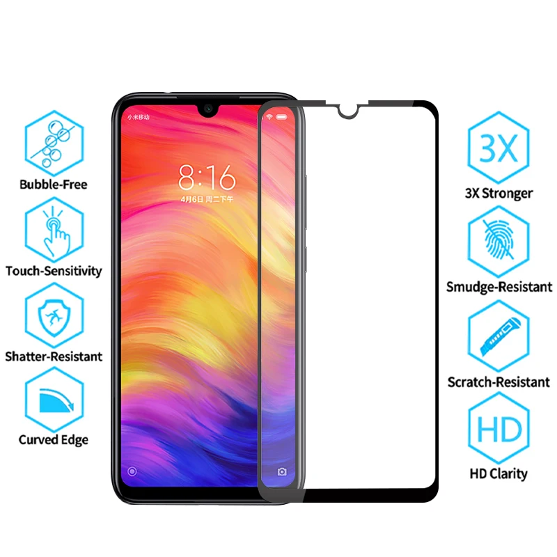 Полное покрытие из закаленного стекла для Xiaomi Redmi 7 Note 7 Pro Note7, Защитное стекло для экрана, Защитная пленка для Redmi Note 7