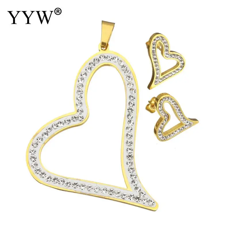 

Rhinestone Stainless Steel Jewelry Set High Quality Heart Pendant & Earring,
