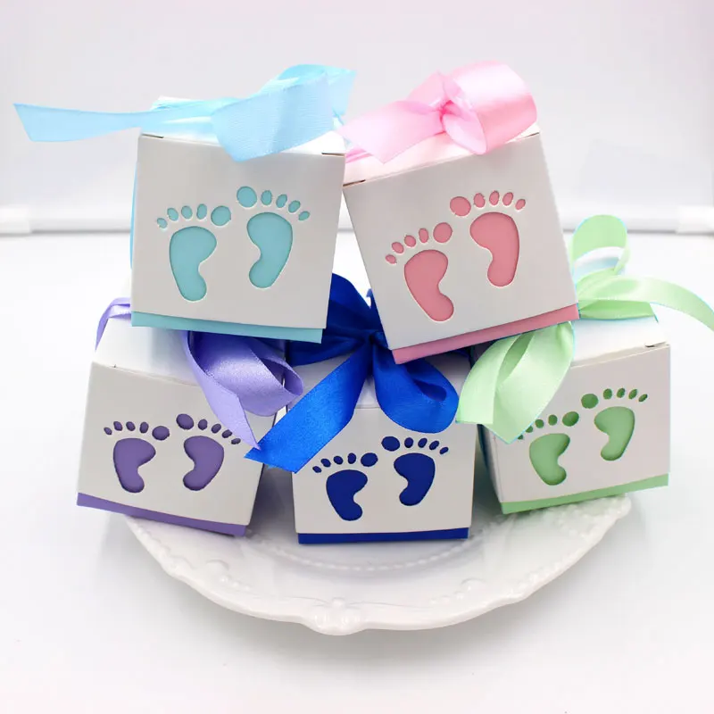 

50pcs/lot Baby Feet Paper Candy Box with Ribbon Kids Birthday Party Decoration Favors Gift Boxes Baby Shower Party Supplies