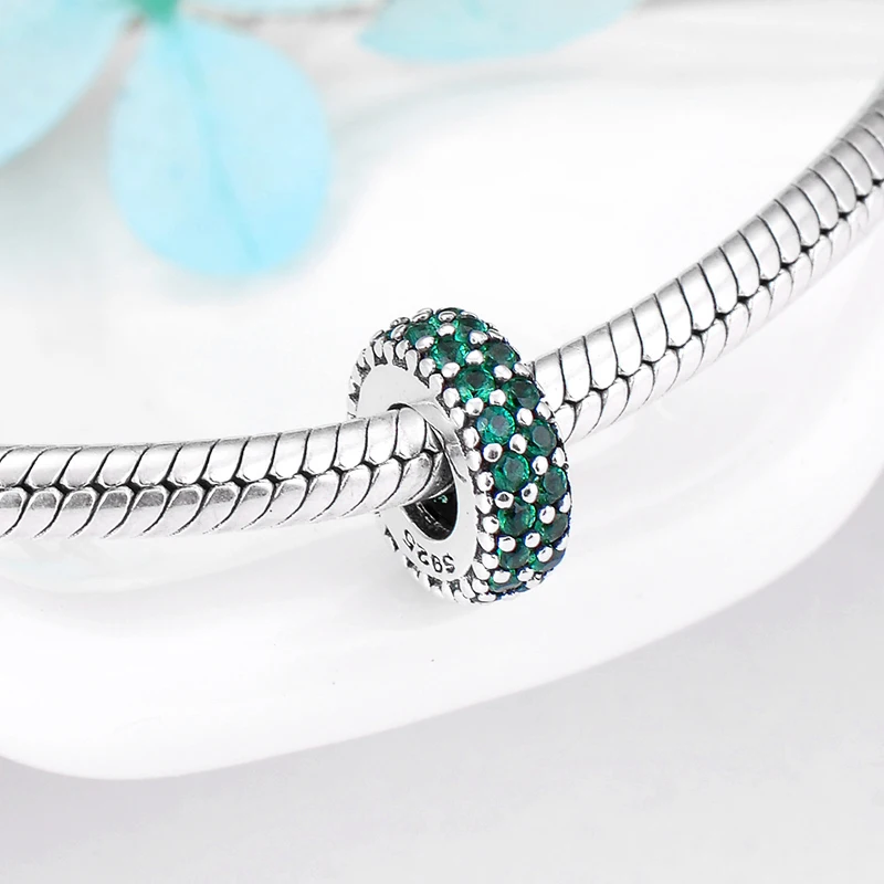 Real 925 Sterling Silver Arc of love sparkling Round Green CZ spacer beads Fit Original European Charm Bracelet Jewelry making | Украшения