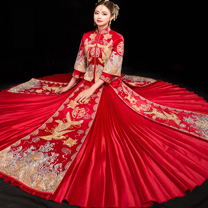 

Роскошное свадебное платье в китайском стиле, женское платье-Ципао с вышивкой дракона и феникса, вечерние платья в восточном стиле, красный ...