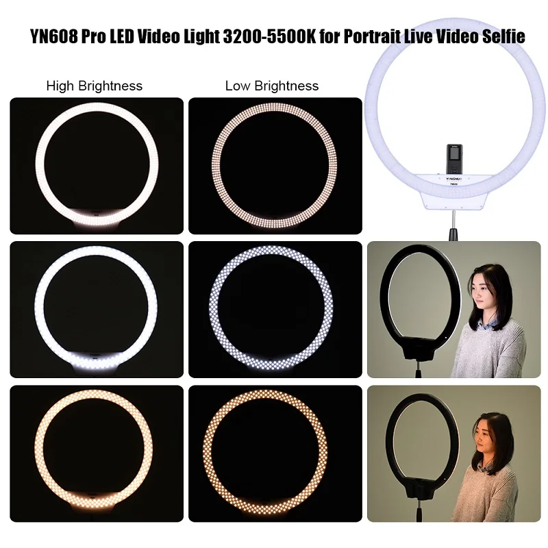 

YongNuo YN608 Selfie Ring Light 3200K~5500K Bi-Color Temperature Wireless Remote LED Video Light CRI>95 with Handle Grip