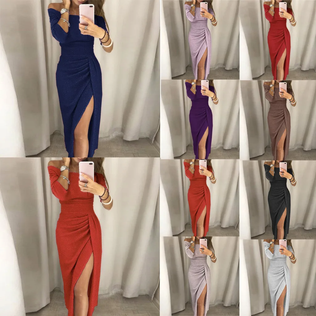 Feitong женское платье с открытыми плечами и высоким разрезом длинная одежда