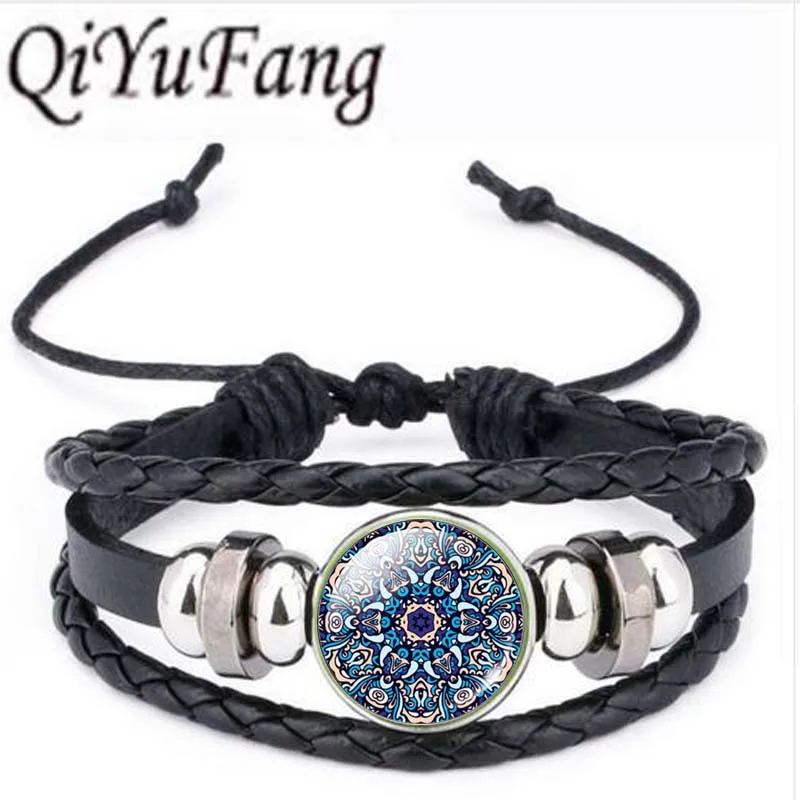 

Qiyufang 5pcs Mixed Indian Jewelry Glass bracelet bangle Mandala OM Symbol Buddhism Zen Vintage bracelet bangle Chain