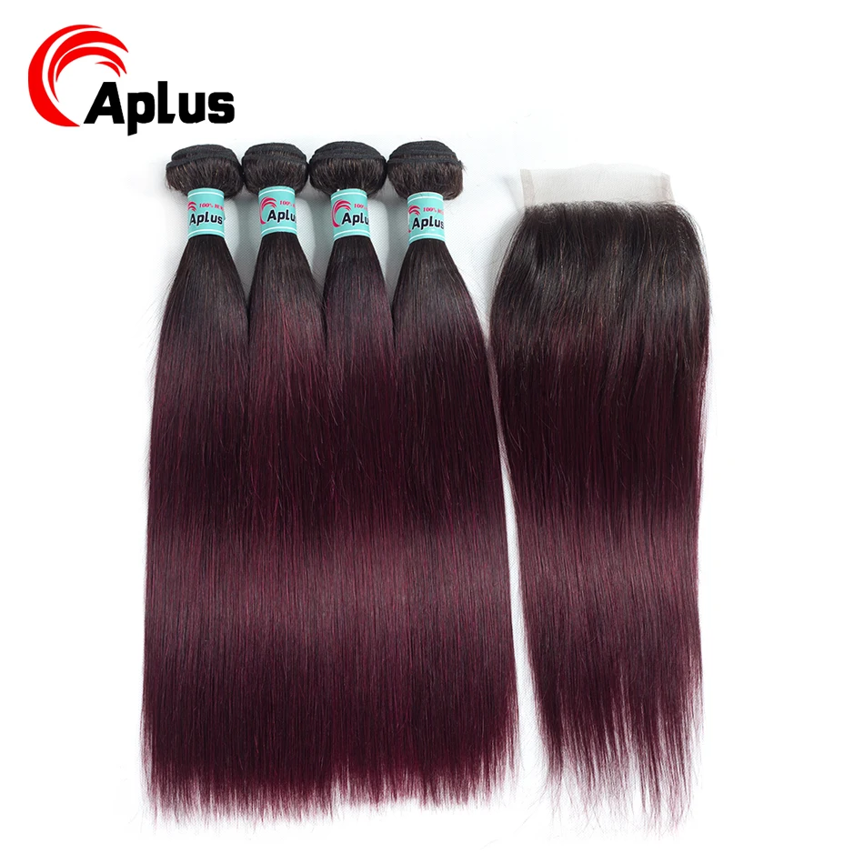 

Aplus 1b 99j Straight Hair With Closure 5Pcs/Lot Peruvian Hair Bundles With Closure Free/Middle 3Part Ombre Wine Non-remy Hair