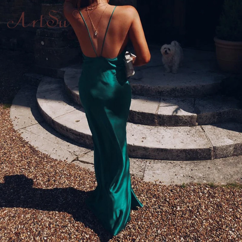 Арцу зеленое атласное шелковое сексуальное длинное платье макси женское