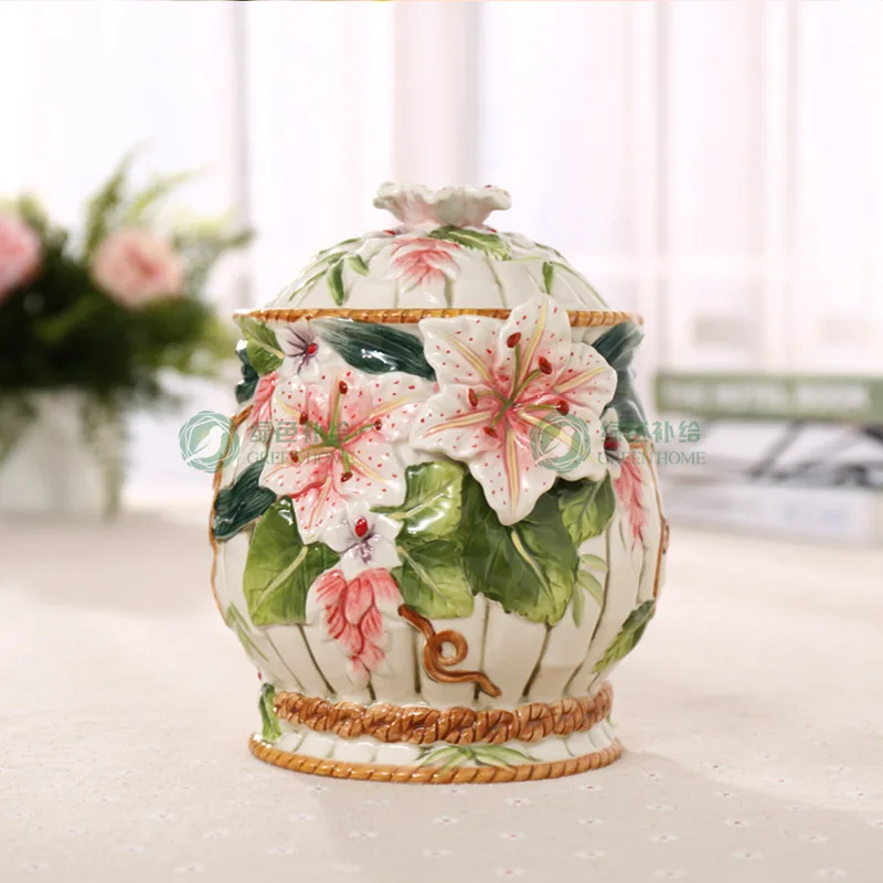 

lily ceramic food container candy jar kitchen storage jar home decor handicraft porcelain figurines wedding decorations gifts