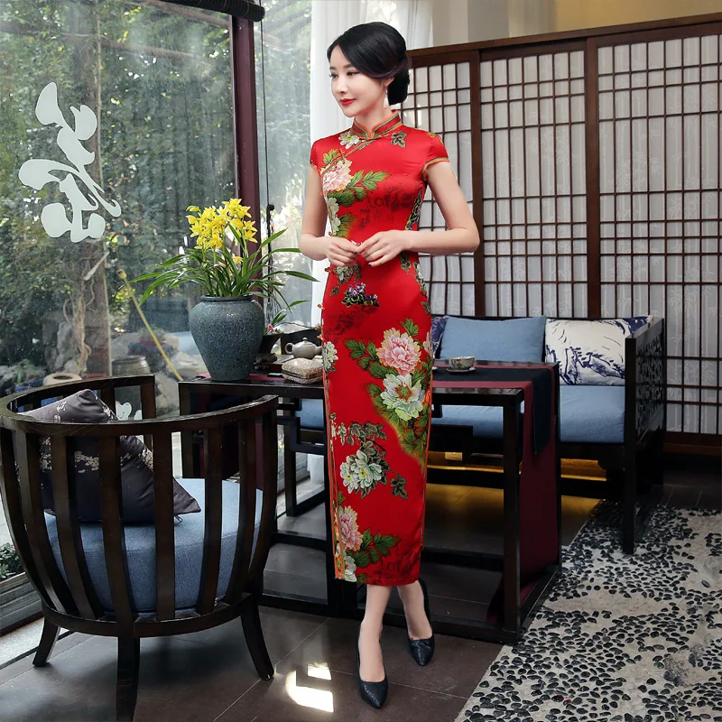 SHENG COCO/Желтые платья Qipao с цветочным принтом, винтажный чонсам, парча, длинное женское летнее платье с принтом, облегающее платье-Ципао, 2XL, XXXL