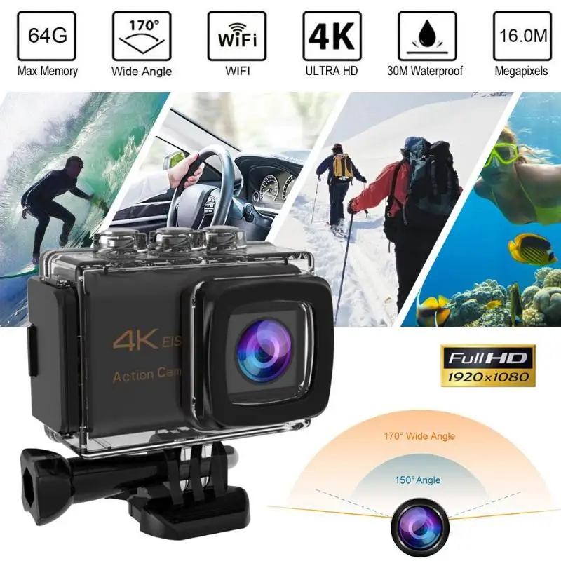 2in рыбий глаз WiFi 4K экшн Камера 3-Axis Gyro EIS Anti-shake Водонепроницаемый Спорт на открытом воздухе Камера цифровая видеокамера с Динамик+ микрофон