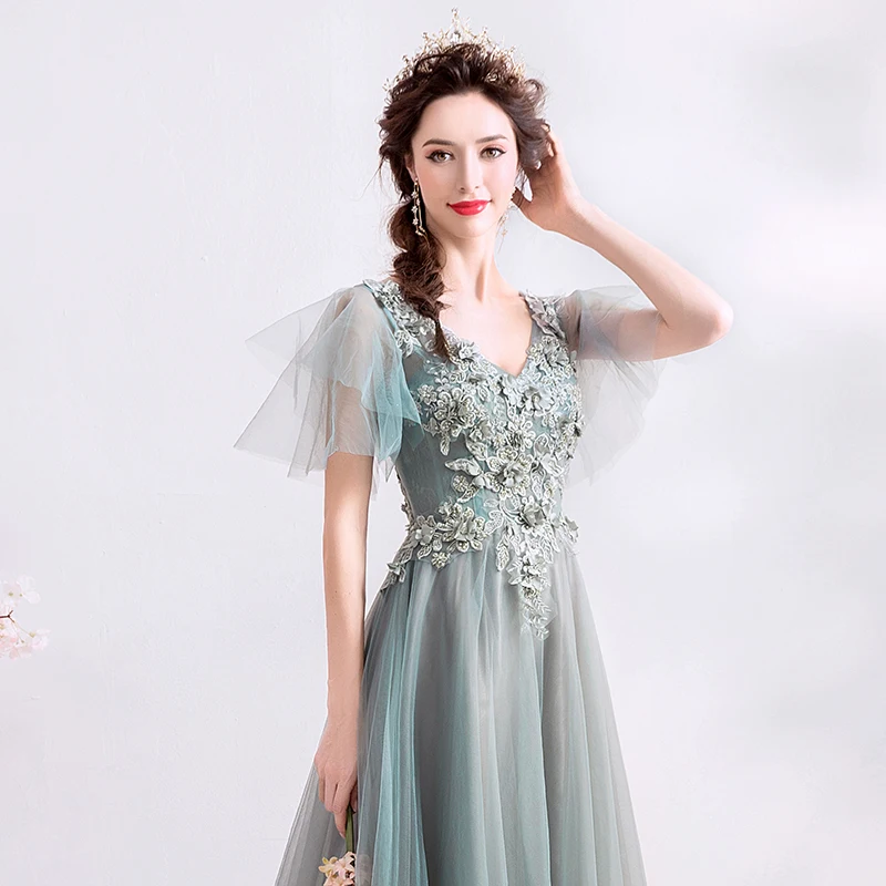 SSYFashion V образным вырезом расклешенные рукава длина до пола серый зеленый длинные вечерние платья Формальное вечернее платье Vestidos De Fiesta De Noche