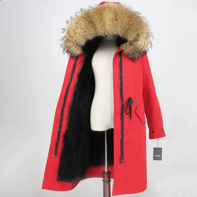 OFTBUY X-длинное пальто с натуральным мехом, зимняя куртка, Женская парка с натуральным мехом, подкладка из меха норки, воротник из меха енота и лисы, капюшон, теплая уличная одежда - Цвет: red natural
